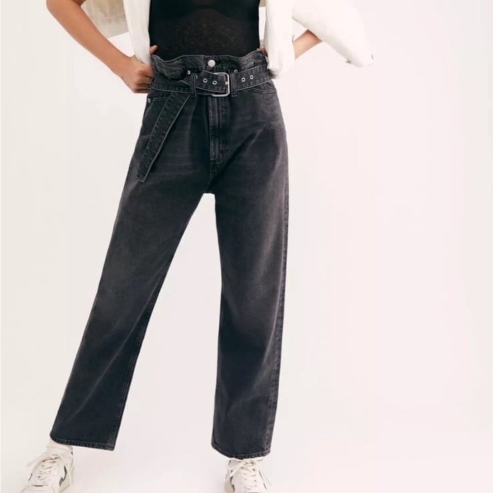 AGOLDE Reworked 90s Belted Ultra High Rise Straight Jeans Black Denim Size 28